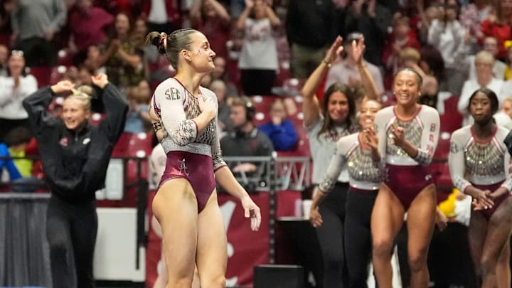 March 13, 2026; Tuscaloosa, AL, USA; Alabama gymnast Gabby Gladieux finishes her final floor competition at Coleman Coliseum as the fourth ranked Crimson Tide took on the sixth ranked Georgia Bulldogs.