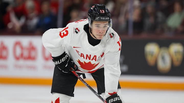 MINNEAPOLIS, MN - DECEMBER 27: Ethan Mackenzie #13 of Canada concentrates before the face-off during the Preliminary Round of a Group B, Game 6 match between Latvia and Canada at the 2026 IIHF World Junior Championship at 3M Arena at Mariucci on December 27, 2025 in Minneapolis, Minnesota. (Photo by Michael Miller/ISI Photos/ISI Photos via Getty Images)