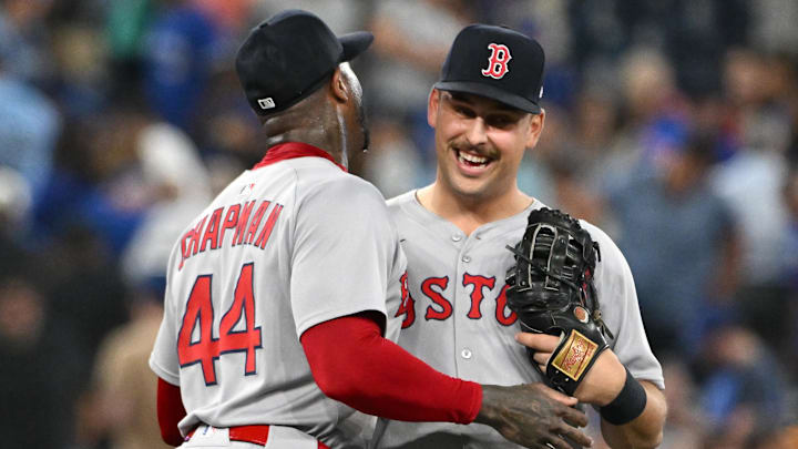 Sep 23, 2025; Toronto, Ontario, CAN; Boston Red Sox first baseman Nathaniel Lowe (37) and relief pitcher Aroldis Chapman (44) celebrate a win over the Toronto Blue Jays at Rogers Centre. Mandatory Credit: Dan Hamilton-Imagn Images Sep 23, 2025; Toronto, Ontario, CAN; Boston Red Sox first baseman Nathaniel Lowe (37) and relief pitcher Aroldis Chapman (44) celebrate a win over the Toronto Blue Jays at Rogers Centre. Mandatory Credit: Dan Hamilton-Imagn Images