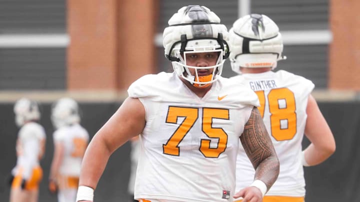 Tennessee offensive lineman Wendell Moe Jr. (75) at the first University of Tennessee spring football practice, Friday, March 7, 2025.
