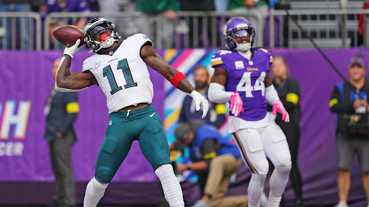 Oct 19, 2025; Minneapolis, Minnesota, USA; Philadelphia Eagles wide receiver A.J. Brown (11) celebrates after a touchdown during the first half against the Minnesota Vikings at U.S. Bank Stadium. Mandatory Credit: Brad Rempel-Imagn Images Oct 19, 2025; Minneapolis, Minnesota, USA; Philadelphia Eagles wide receiver A.J. Brown (11) celebrates after a touchdown during the first half against the Minnesota Vikings at U.S. Bank Stadium. Mandatory Credit: Brad Rempel-Imagn Images