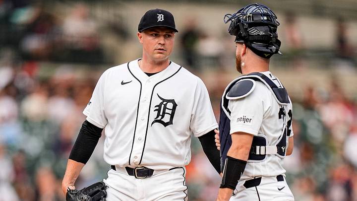 Detroit Tigers pitcher Tarik Skubal (29) talks to catcher Jake Rogers (34) during the third inning against New York Yankees at Comerica Park in Detroit on Wednesday, June 24, 2026. Detroit Tigers pitcher Tarik Skubal (29) talks to catcher Jake Rogers (34) during the third inning against New York Yankees at Comerica Park in Detroit on Wednesday, June 24, 2026.