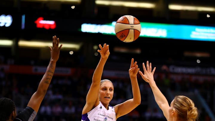 Sep 7, 2014; Phoenix, AZ, USA; Phoenix Mercury guard Diana Taurasi (3) passes the ball against the Chicago Sky during game one of the WNBA Finals at US Airways Center. The Mercury defeated the Sky 83-62. Mandatory Credit: Mark J. Rebilas-Imagn Images