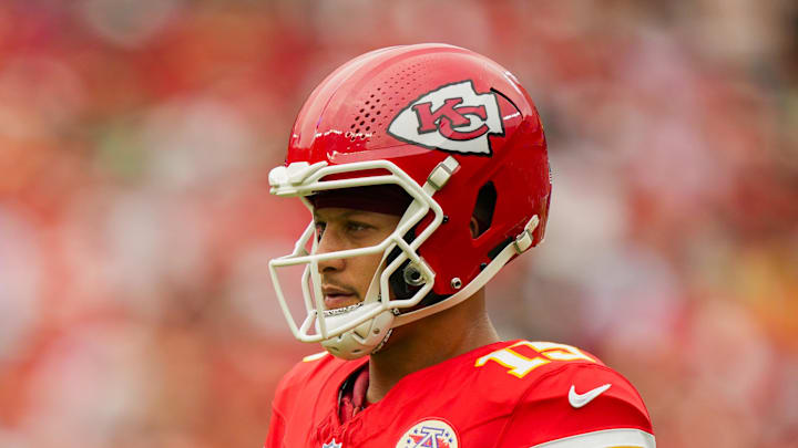 Sep 14, 2025; Kansas City, Missouri, USA; Kansas City Chiefs quarterback Patrick Mahomes (15) reacts during the first half against the Philadelphia Eagles at GEHA Field at Arrowhead Stadium. Mandatory Credit: Jay Biggerstaff-Imagn Images
