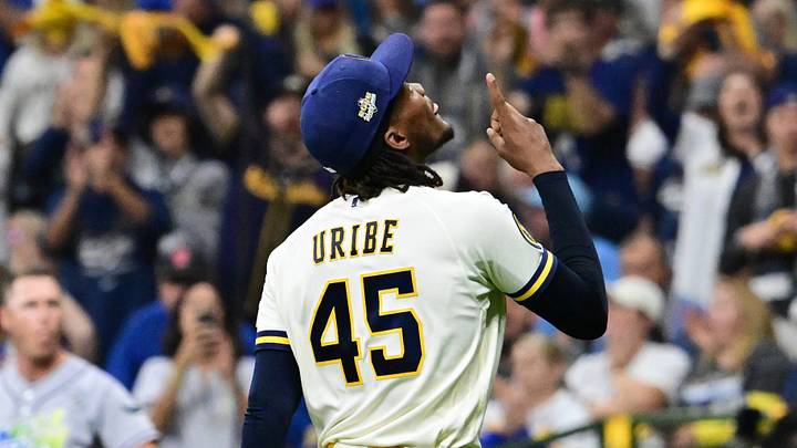 Oct 23, 2026; Milwaukee, Wisconsin, USA; Milwaukee Brewers pitcher Abner Uribe (45) reacts during the sixth inning against the Tampa Bay Rays in game one of the 2026 World Series at American Family Field. Mandatory Credit: Benny Sieu-Imagn Images Oct 23, 2026; Milwaukee, Wisconsin, USA; Milwaukee Brewers pitcher Abner Uribe (45) reacts during the sixth inning against the Tampa Bay Rays in game one of the 2026 World Series at American Family Field. Mandatory Credit: Benny Sieu-Imagn Images