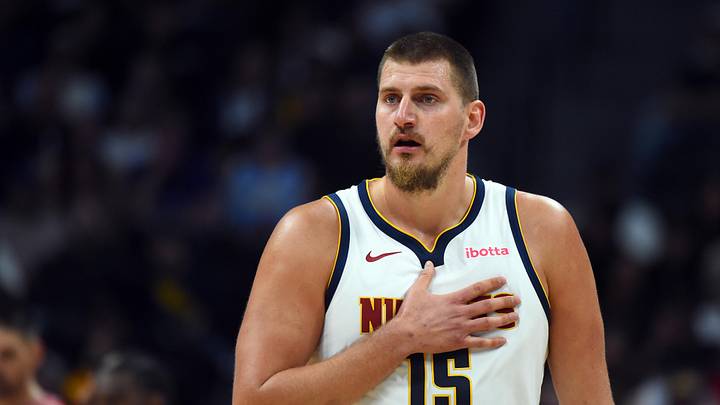 Oct 14, 2025; Denver, Colorado, USA; Denver Nuggets center Nikola Jokic (15) during the first half against the Chicago Bulls at Ball Arena.