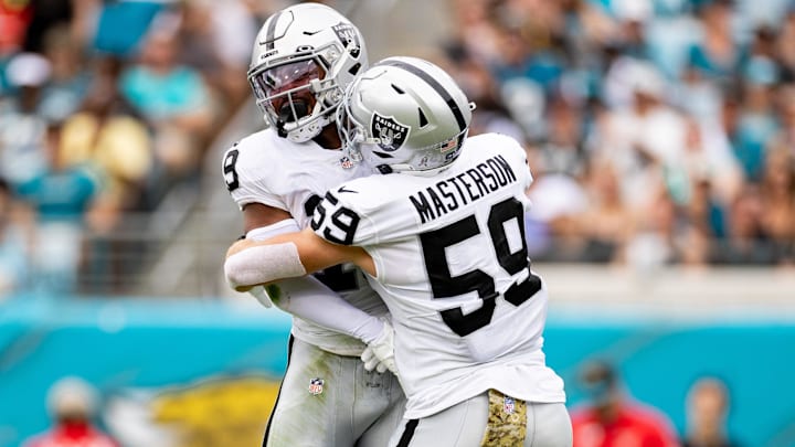 Nov 6, 2022; Jacksonville, Florida, USA; Las Vegas Raiders wide receiver DJ Turner (19) celebrates with Las Vegas Raiders linebacker Luke Masterson (59) during the first half against the Jacksonville Jaguars at TIAA Bank Field. Mandatory Credit: Matt Pendleton-Imagn Images
