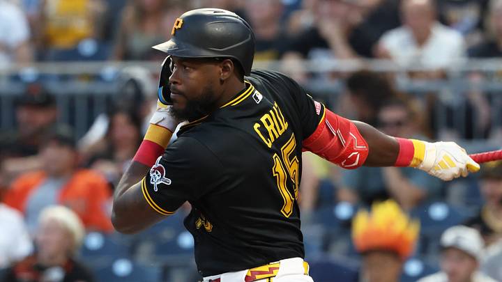 Sep 1, 2026; Pittsburgh, Pennsylvania, USA;  Pittsburgh Pirates center fielder Oneil Cruz (15) hits an RBI single against the San Francisco Giants during the third inning at PNC Park.  Mandatory Credit: Charles LeClaire-Imagn Images