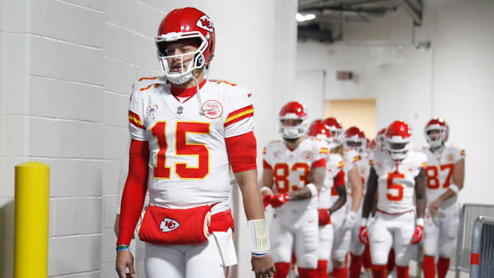 Kansas City Chiefs quarterback Patrick Mahomes (15) leads the Chiefs offense to the field to warm up against the Pittsburgh Steelers at Acrisure Stadium.