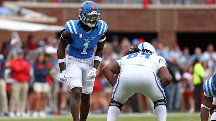 Sep 28, 2024; Oxford, Mississippi, USA; Mississippi Rebels defensive linemen Princely Umanmielen (1) waits for the snap during the first half against the Kentucky Wildcats at Vaught-Hemingway Stadium. Mandatory Credit: Petre Thomas-Imagn Images