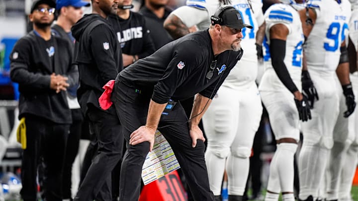 Detroit Lions head coach Dan Campbell watches a play against Dallas Cowboys during the first half at Ford Field in Detroit on Thursday, Dec. 4, 2025.