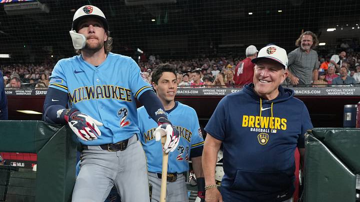 Jul 4, 2026; Phoenix, Arizona, USA; Milwaukee Brewers second baseman Brice Turang (2), designated hitter Christian Yelich (22), and manager Pat Murphy (49) before a game against the Arizona Diamondbacks at Chase Field. Mandatory Credit: Rick Scuteri-Imagn Images Jul 4, 2026; Phoenix, Arizona, USA; Milwaukee Brewers second baseman Brice Turang (2), designated hitter Christian Yelich (22), and manager Pat Murphy (49) before a game against the Arizona Diamondbacks at Chase Field. Mandatory Credit: Rick Scuteri-Imagn Images