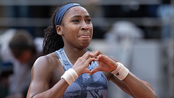 Gauff of the United States celebrates winning the women’s singles final against Sabalenka  at Roland Garros Stadium. 