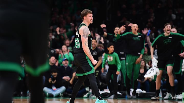 Mar 18, 2025; Boston, Massachusetts, USA; Boston Celtics forward Baylor Scheierman (55) reacts after making a three point shot during the second half against the Brooklyn Nets at TD Garden. Mandatory Credit: Bob DeChiara-Imagn Images Mar 18, 2025; Boston, Massachusetts, USA; Boston Celtics forward Baylor Scheierman (55) reacts after making a three point shot during the second half against the Brooklyn Nets at TD Garden. Mandatory Credit: Bob DeChiara-Imagn Images