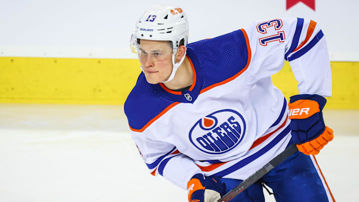 Dec 27, 2022; Calgary, Alberta, CAN; Edmonton Oilers right wing Jesse Puljujarvi (13) skates during the warmup period against the Calgary Flames at Scotiabank Saddledome. Mandatory Credit: Sergei Belski-Imagn Images Dec 27, 2022; Calgary, Alberta, CAN; Edmonton Oilers right wing Jesse Puljujarvi (13) skates during the warmup period against the Calgary Flames at Scotiabank Saddledome. Mandatory Credit: Sergei Belski-Imagn Images
