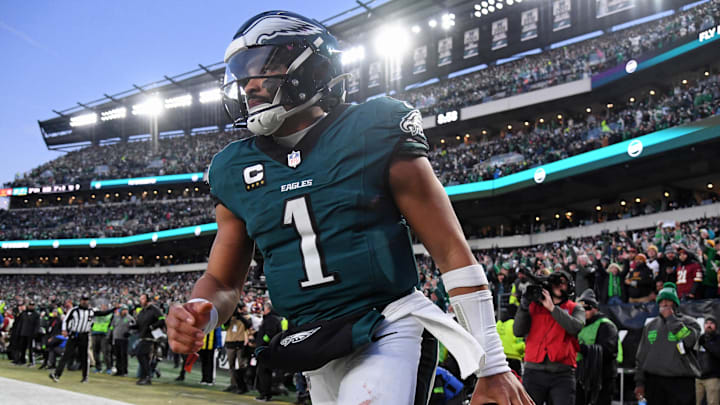 Jan 26, 2025; Philadelphia, PA, USA; Philadelphia Eagles quarterback Jalen Hurts (1) reacts after a touchdown against the Washington Commanders during the second half in the NFC Championship game at Lincoln Financial Field. Mandatory Credit: Eric Hartline-Imagn Images