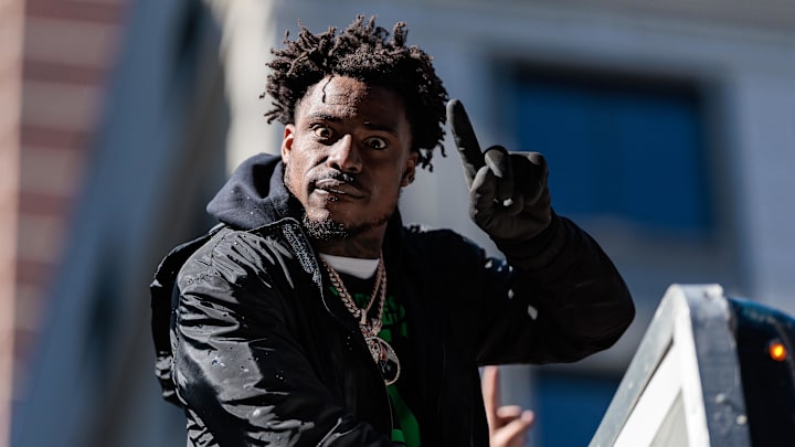 Feb 14, 2025; Philadelphia, PA, USA; Philadelphia Eagles safety C.J. Gardner-Johnson (8) celebrates during the Super Bowl LIX championship parade and rally. Mandatory Credit: Caean Couto-Imagn Images