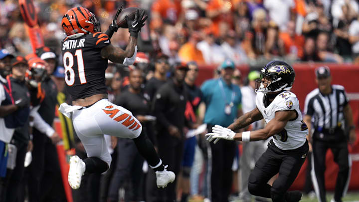 Sep 17, 2023; Cincinnati, Ohio, USA; Cincinnati Bengals tight end Irv Smith Jr. (81) catches a pass