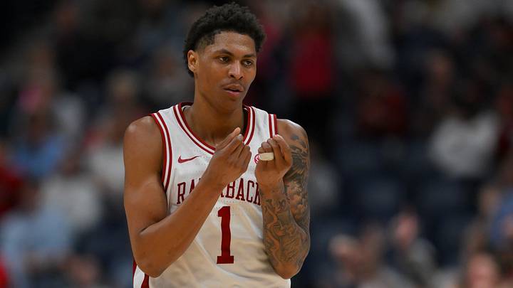 Mar 14, 2026; Nashville, TN, USA;  Arkansas Razorbacks guard Meleek Thomas (1) reacts after a made three point basket during the second half at Bridgestone Arena. Mandatory Credit: Steve Roberts-Imagn Images