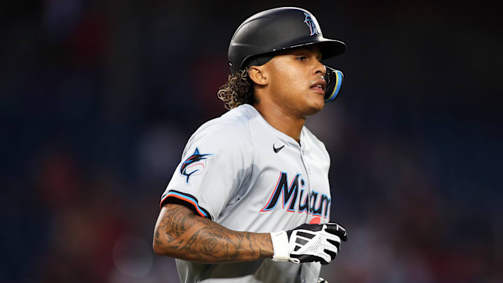 Sep 13, 2024; Washington, District of Columbia, USA; Miami Marlins outfielder Cristian Pache (20) draws a walk during the third inning against the Washington Nationals, at Nationals Park. Mandatory Credit: Daniel Kucin Jr.-Imagn Images
