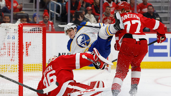 Nov 15, 2025; Detroit, Michigan, USA; Buffalo Sabres center Tage Thompson (72) scores a goal on Detroit Red Wings goaltender John Gibson (36) in the third period at Little Caesars Arena. Mandatory Credit: Rick Osentoski-Imagn Images Nov 15, 2025; Detroit, Michigan, USA; Buffalo Sabres center Tage Thompson (72) scores a goal on Detroit Red Wings goaltender John Gibson (36) in the third period at Little Caesars Arena. Mandatory Credit: Rick Osentoski-Imagn Images