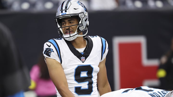 Aug 16, 2025; Houston, Texas, USA; Carolina Panthers quarterback Bryce Young (9) warms up before the game against the Houston Texans at NRG Stadium. Mandatory Credit: Troy Taormina-Imagn Images