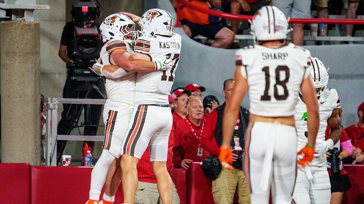 Sep 12, 2026; Lincoln, Nebraska, USA; Bowling Green Falcons fullback Leo Kemp (44) and Bowling Green Falcons quarterback Jay Kastantin (17) celebrate after a touchdown against the Nebraska Cornhuskers during the fourth quarter at Memorial Stadium. Mandatory Credit: Dylan Widger-Imagn Images Sep 12, 2026; Lincoln, Nebraska, USA; Bowling Green Falcons fullback Leo Kemp (44) and Bowling Green Falcons quarterback Jay Kastantin (17) celebrate after a touchdown against the Nebraska Cornhuskers during the fourth quarter at Memorial Stadium. Mandatory Credit: Dylan Widger-Imagn Images