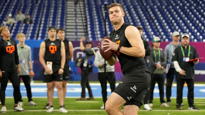 March 1, 2025: Will Howard does a drill at the NFL Combine in Indianapolis at Lucas Oil Stadium.