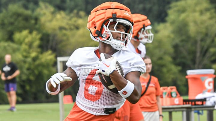 Clemson receiver Tyler Brown (6) during the Clemson first football August practice in Clemson, S.C. Thursday August 1, 2024.