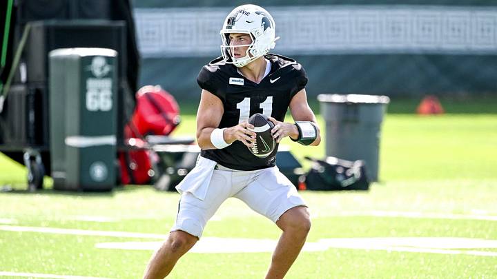 Michigan State quarterback Alessio Milivojevic looks to throw during football practice on Monday, Aug. 17, 2026, in East Lansing.