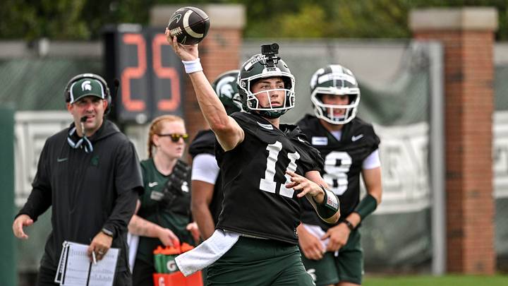 Michigan State quarterback Alessio Milivojevic during football practice on Thursday, Aug. 6, 2026, in East Lansing.