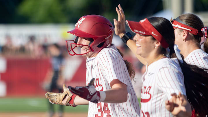 Alabama catcher Marlie Giles celebrates her home run in the first game of the series against Kentucky on Apr. 17, 2026.