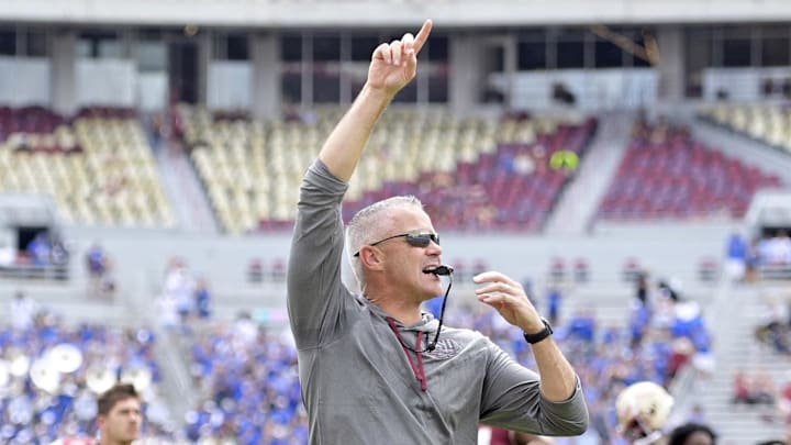 Sep 14, 2024; Tallahassee, Florida, USA; Florida State Seminoles head coach Mike Norvell before a game against the Memphis Tigers at Doak S. Campbell Stadium. Mandatory Credit: Melina Myers-Imagn Images