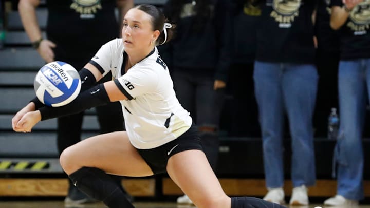 Purdue Boilermakers defensive specialist Ryan McAleer (3) hits the ball 