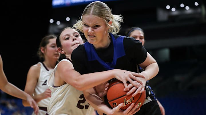 Broaddus' Kaylynn Quinney and Eula's Layla Fostel battle for the ball during the Class 1A Division I state championship girls basketball game on Thursday, February. 27, 2025, at the Alamodome in San Antonio. Quinney scored 10 of her 11 points in the fourth period to help the Lady Bulldogs to their first state championship in school history.