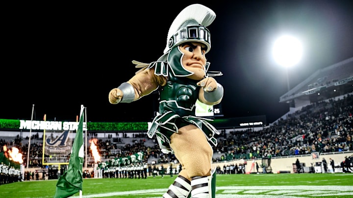 Sparty takes the field before Michigan State's football game against Purdue on Friday, Nov. 22, 2024, at Spartan Stadium in East Lansing.