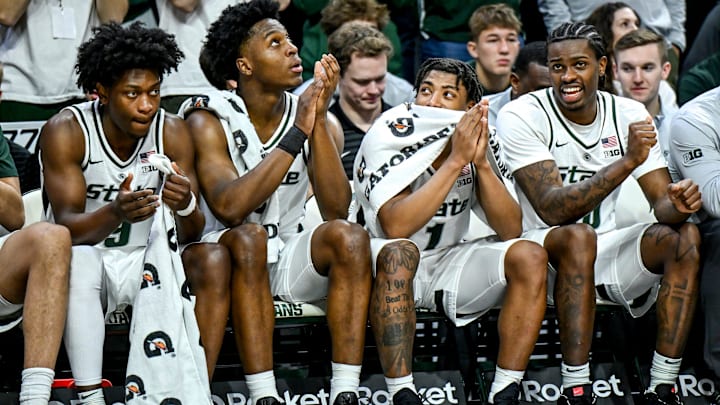 From left, Michigan State's Trey Fort, Cam Ward, Jeremy Fears Jr. and Coen Carr look on from the bench during the second half in the game against Maryland on Saturday, Jan. 24, 2026, at the Breslin Center in East Lansing.