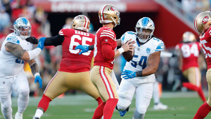 Lions defensive tackle Alim McNeill runs after 49ers quarterback Brock Purdy in the first quarter of the NFC championship game at Levi's Stadium in Santa Clara, California, on Sunday, Jan. 28, 2024.