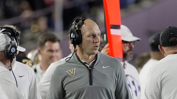 Vanderbilt coach Clark Lea watches from the sidelines during the third quarter against Kentucky at FirstBank Stadium in Nashville, Tenn., Saturday, Nov. 22, 2025.