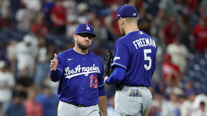 Jul 22, 2026; Philadelphia, Pennsylvania, USA; Los Angeles Dodgers third baseman Max Muncy (13) and first baseman Freddie Freeman (5) react after a victory against the Philadelphia Phillies at Citizens Bank Park. Mandatory Credit: Bill Streicher-Imagn Images Jul 22, 2026; Philadelphia, Pennsylvania, USA; Los Angeles Dodgers third baseman Max Muncy (13) and first baseman Freddie Freeman (5) react after a victory against the Philadelphia Phillies at Citizens Bank Park. Mandatory Credit: Bill Streicher-Imagn Images
