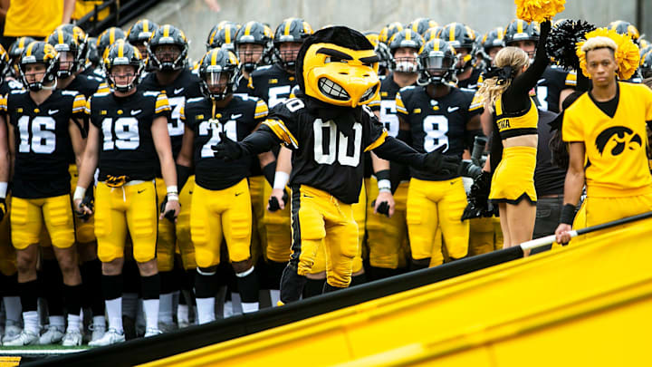 Iowa Hawkeyes players hold hands as they get ready to swarm onto the field with the University of Iowa mascot Herky the Hawk before a NCAA Big Ten Conference football game against Indiana, Saturday, Sept. 4, 2021, at Kinnick Stadium in Iowa City, Iowa.

210904 Indiana Iowa Fb Extras 002 Jpg