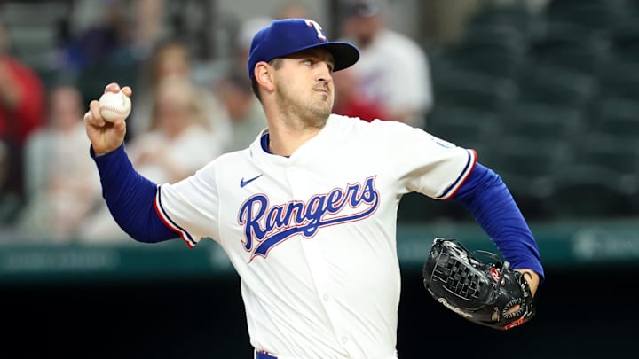 May 28, 2025; Arlington, Texas, USA; Texas Rangers starting pitcher Tyler Mahle (51) throws during the first inning against the Toronto Blue Jays at Globe Life Field.