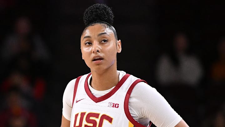 Jan 12, 2025; Los Angeles, California, USA; USC Trojans guard JuJu Watkins (12) during a college basketball game against the Penn State Nittany Lions at Galen Center. Mandatory Credit: Robert Hanashiro-Imagn Images