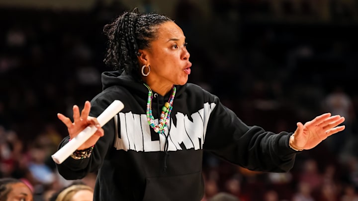 Dec 19, 2024; Columbia, South Carolina, USA; South Carolina Gamecocks head coach Dawn Staley directs her team against the Charleston Southern Buccaneers in the second half at Colonial Life Arena. Mandatory Credit: Jeff Blake-Imagn Images