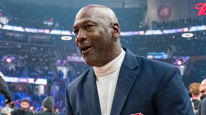 February 20, 2022; Cleveland, Ohio, USA; NBA great Michael Jordan is honored for being selected to the NBA 75th Anniversary Team during halftime in the 2022 NBA All-Star Game at Rocket Mortgage FieldHouse. Mandatory Credit: Kyle Terada-Imagn Images