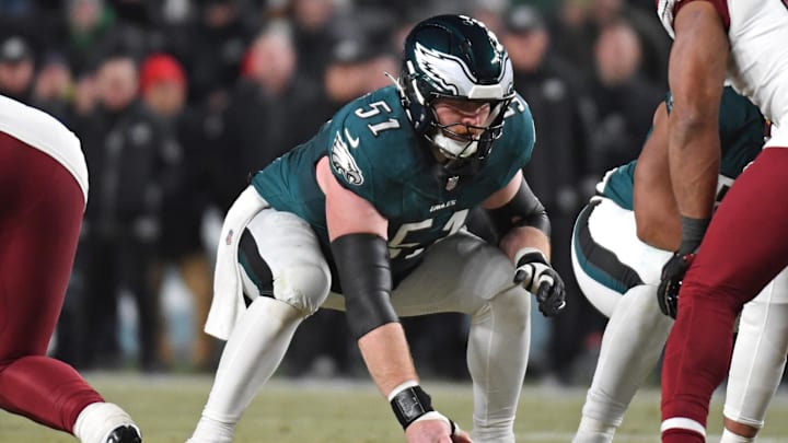 Jan 26, 2025; Philadelphia, PA, USA; Philadelphia Eagles center Cam Jurgens (51) against the Washington Commanders in the NFC Championship game at Lincoln Financial Field.