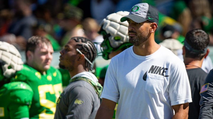 The Goat takes to the sideline at the Oregon Spring Game in 2023. "We're going to air it out," he said. 