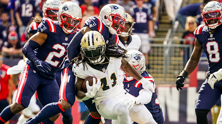 Sep 26, 2021; Foxborough, Massachusetts, USA; New Orleans Saints running back Alvin Kamara (41) runs