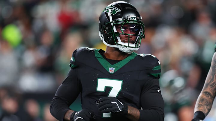 Oct 31, 2024; East Rutherford, New Jersey, USA; New York Jets defensive end Haason Reddick (7) looks on during pregame warmups for their game against the Houston Texans at MetLife Stadium.