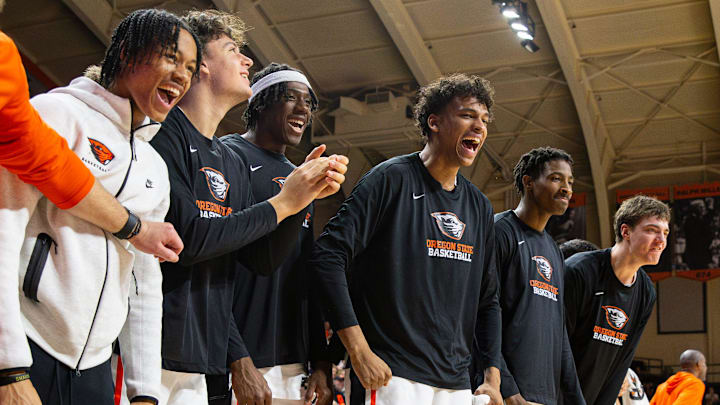 The Oregon State bench reacts to a play during an NCAA basketball game at Gill Coliseum on Saturday, Jan. 4, 2025, in Corvallis, Ore. The Oregon State bench reacts to a play during an NCAA basketball game at Gill Coliseum on Saturday, Jan. 4, 2025, in Corvallis, Ore.